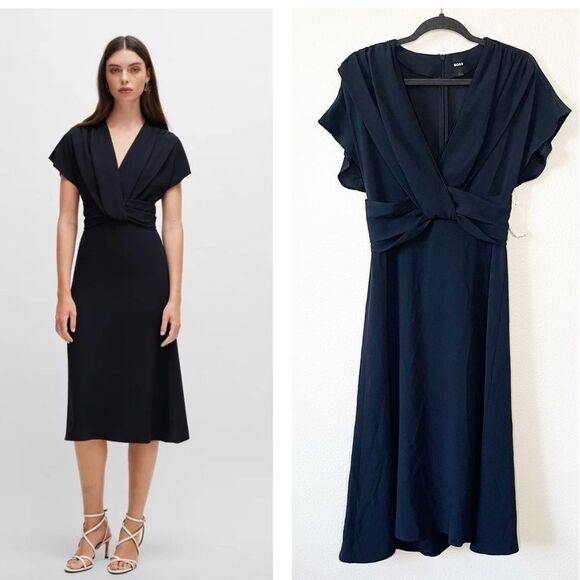 NEW BOSS DRAPE-FRONT DRESS IN MATTE SATIN BLUE Size 2 - Picture 1 of 10